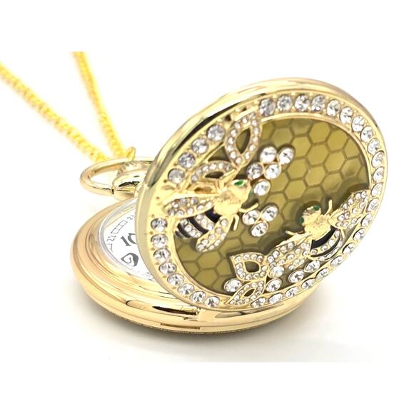 Honeybee Pocket Watch – Gold Finish, Crystal Accents, Nature-Inspired Bee Gift - Picture 2 of 11